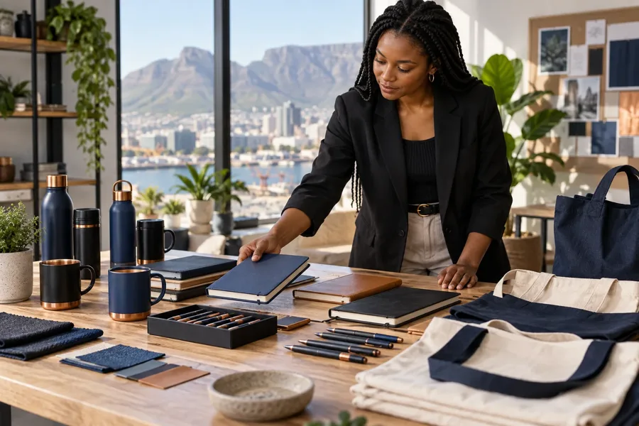 Illustrative trade promotional products scene